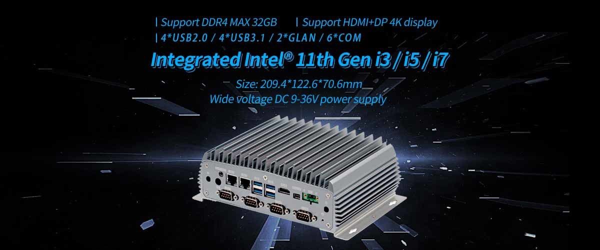 11th Gen Tiger Lake Industrial Mini PC , 6COM 2 Gigabit LAN Mini Fanless Computer DP display